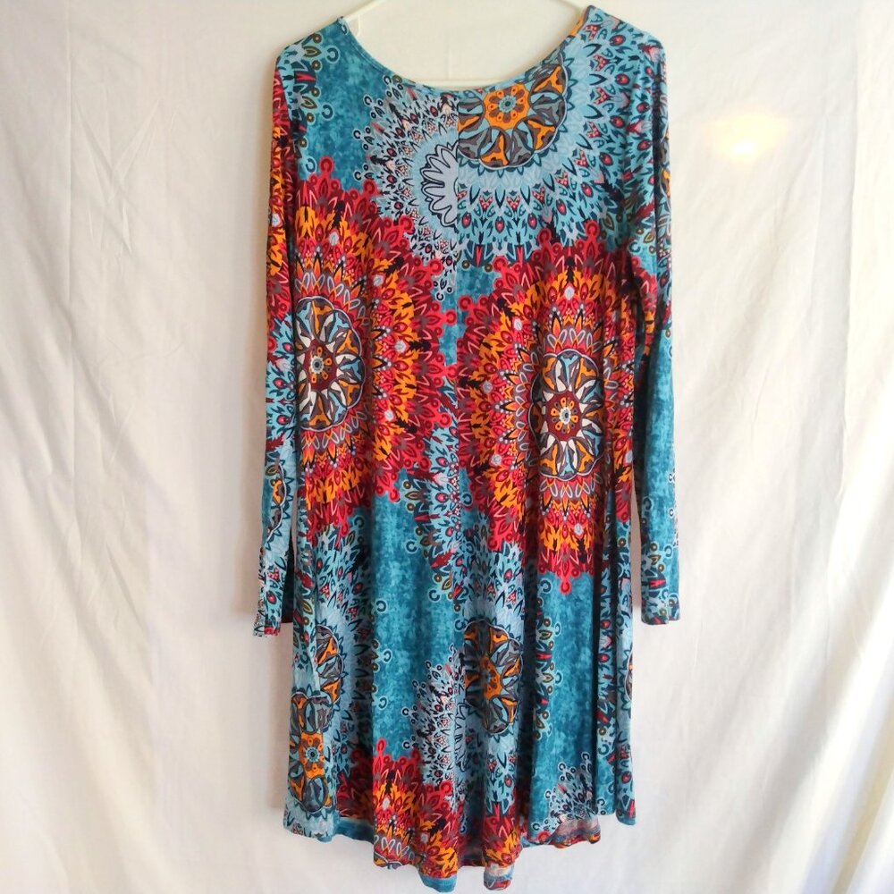 Dearcase Teal Mandala Print Swing Dress Plus XL Boho Festival Art-To-Wear Retro - Picture 4 of 9